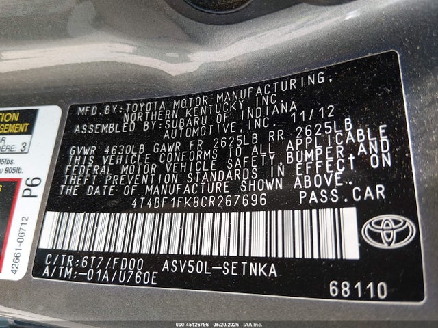 Продаж на аукціоні авто 2012 Toyota Camry Le, vin: 4T4BF1FK8CR267696, номер лоту: 45126796