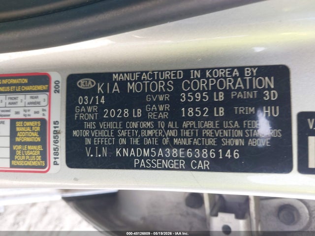 Продажа на аукционе авто 2014 Kia Rio Lx, vin: KNADM5A38E6386146, номер лота: 45126809