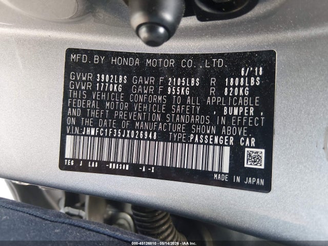 Aukcja sprzedaży 2018 Honda Civic Ex-t, vin: JHMFC1F35JX026948, numer aukcji: 45126810