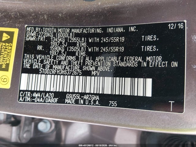 Aukcja sprzedaży 2017 Toyota Highlander Limited, vin: 5TDDZRFH3HS372675, numer aukcji: 45126812