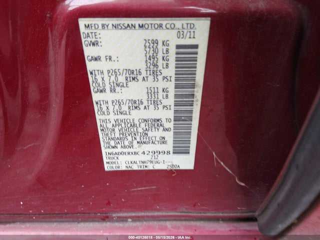 2011 Nissan Frontier Sv მანქანა იყიდება აუქციონზე, vin: 1N6AD0ERXBC429998, აუქციონის ნომერი: 45126818