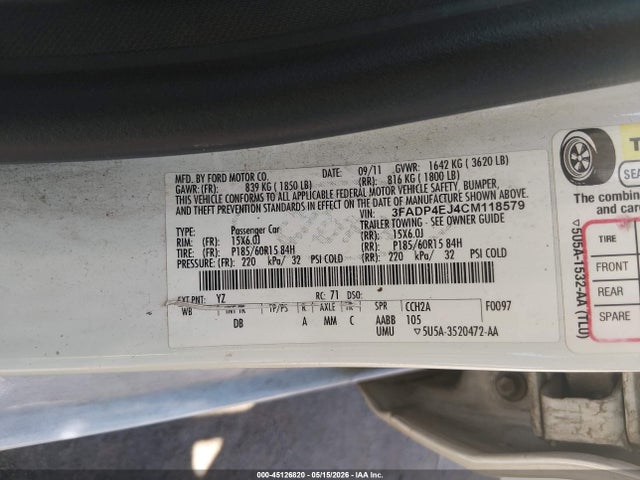 Auction sale of the 2012 Ford Fiesta Se, vin: 3FADP4EJ4CM118579, lot number: 45126820