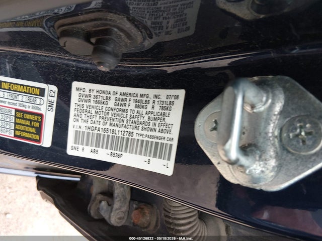 2008 Honda Civic Lx მანქანა იყიდება აუქციონზე, vin: 1HGFA16518L112785, აუქციონის ნომერი: 45126822