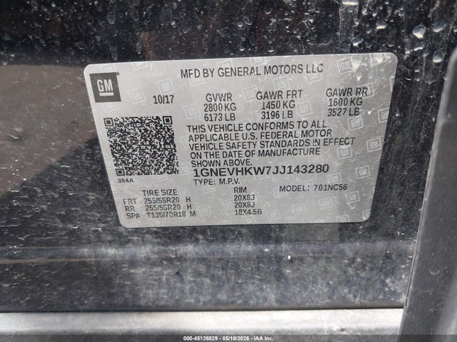 Auction sale of the 2018 Chevrolet Traverse 3lt, vin: 1GNEVHKW7JJ143280, lot number: 45126829