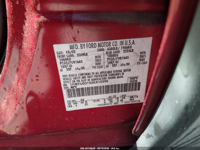 45126830 :رقم المزاد ، 1FMYU031X3KA10390 vin ، 2003 Ford Escape Xlt مزاد بيع