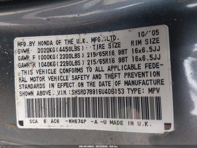 Продаж на аукціоні авто 2006 Honda Cr-v Se, vin: SHSRD78916U406153, номер лоту: 45126842