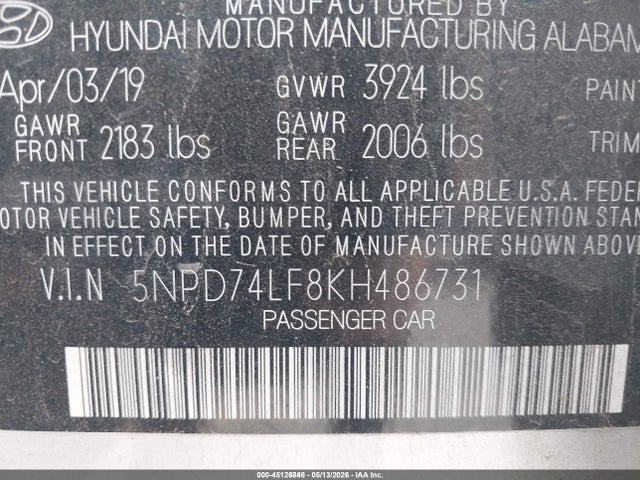 Продажа на аукционе авто 2019 Hyundai Elantra Se, vin: 5NPD74LF8KH486731, номер лота: 45126848