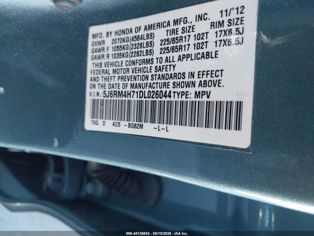 45126852 :رقم المزاد ، 5J6RM4H71DL026044 vin ، 2013 Honda Cr-v Ex-l مزاد بيع