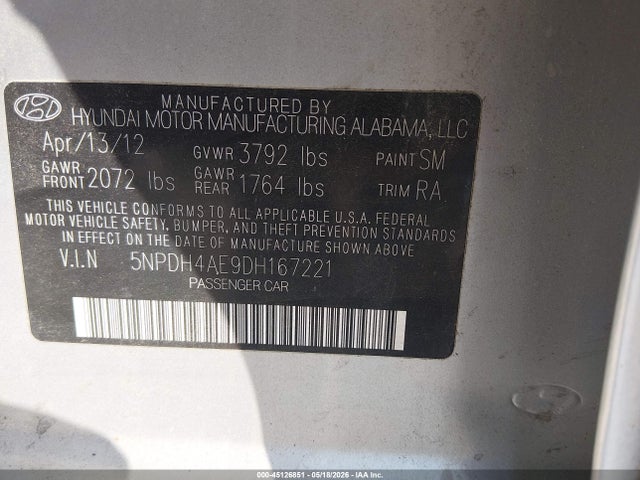 Aukcja sprzedaży 2013 Hyundai Elantra Gls, vin: 5NPDH4AE9DH167221, numer aukcji: 45126851