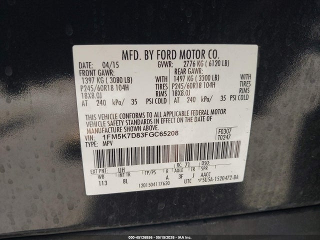 Продажа на аукционе авто 2015 Ford Explorer Xlt, vin: 1FM5K7D83FGC65208, номер лота: 45126856