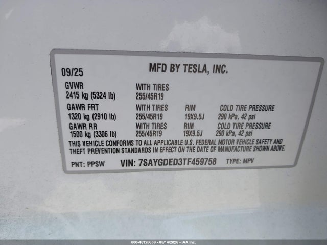 Продажа на аукционе авто 2026 Tesla Model Y Premium Rear-wheel Drive/rear-wheel Drive, vin: 7SAYGDED3TF459758, номер лота: 45126858