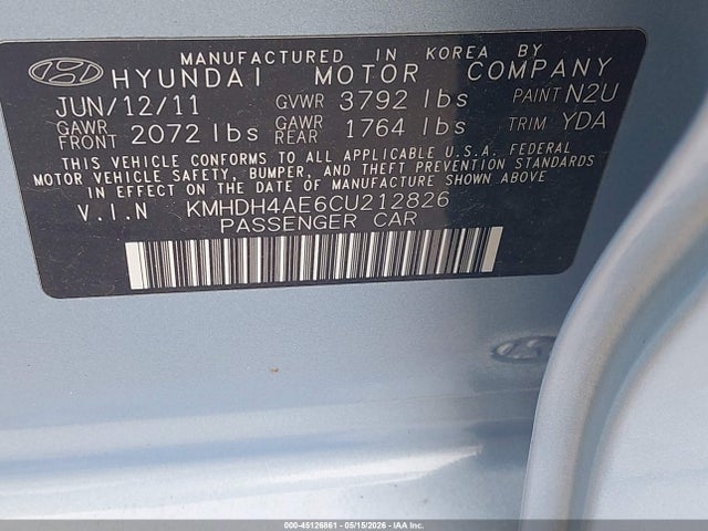 Auction sale of the 2012 Hyundai Elantra Limited (ulsan Plant), vin: KMHDH4AE6CU212826, lot number: 45126861