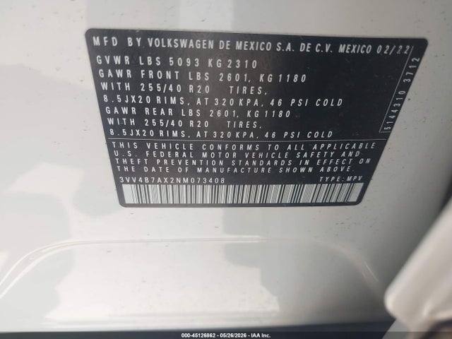 Продажа на аукционе авто 2022 Volkswagen Tiguan 2.0t Sel R-line, vin: 3VV4B7AX2NM073408, номер лота: 45126862