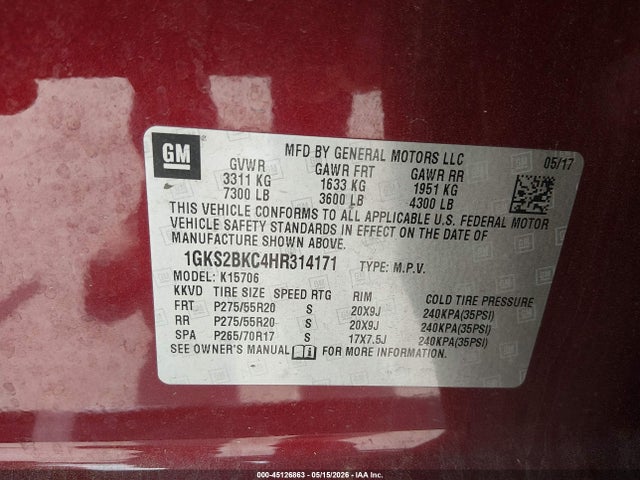 Продажа на аукционе авто 2017 Gmc Yukon Slt, vin: 1GKS2BKC4HR314171, номер лота: 45126863