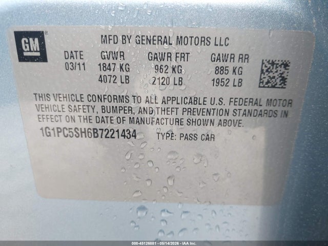 Продаж на аукціоні авто 2011 Chevrolet Cruze Ls, vin: 1G1PC5SH6B7221434, номер лоту: 45126881