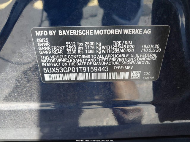 2026 Bmw X3 30 Xdrive მანქანა იყიდება აუქციონზე, vin: 5UX53GP01T9159443, აუქციონის ნომერი: 45126893