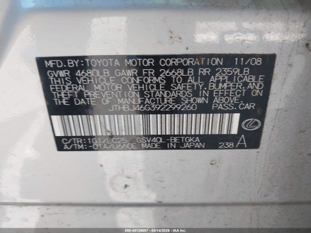 Продаж на аукціоні авто 2009 Lexus Es 350, vin: JTHBJ46G392299260, номер лоту: 45126897