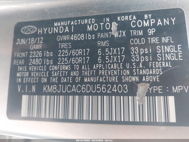 2013 Hyundai Tucson Gls მანქანა იყიდება აუქციონზე, vin: KM8JUCAC6DU562403, აუქციონის ნომერი: 45126903