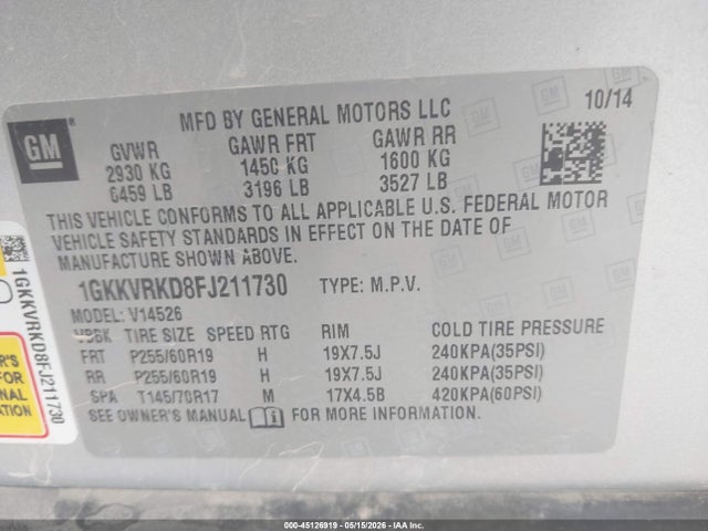 Продаж на аукціоні авто 2015 Gmc Acadia Slt-1, vin: 1GKKVRKD8FJ211730, номер лоту: 45126919