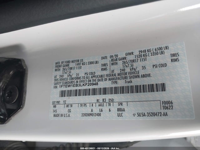 Aukcja sprzedaży 2020 Ford F-150 Xl, vin: 1FTEW1EB3LKF20948, numer aukcji: 45126921
