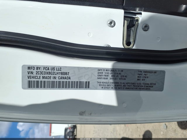 2020 Dodge Charger Sxt Rwd მანქანა იყიდება აუქციონზე, vin: 2C3CDXBG2LH190067, აუქციონის ნომერი: 45126930