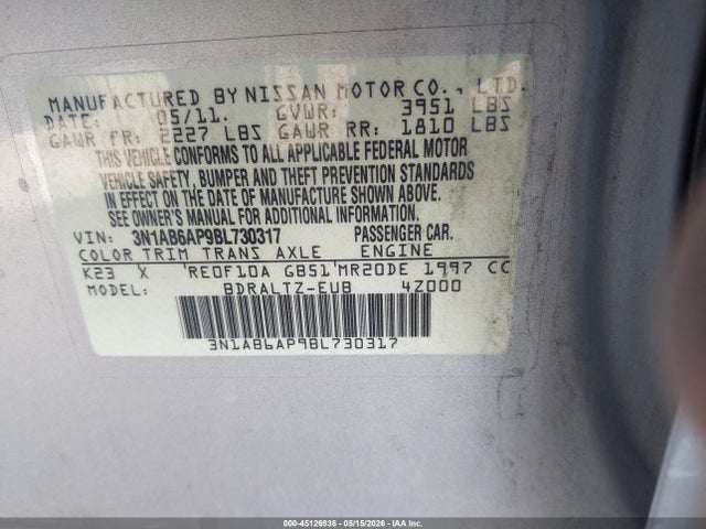 Aukcja sprzedaży 2011 Nissan Sentra 2.0s, vin: 3N1AB6AP9BL730317, numer aukcji: 45126936