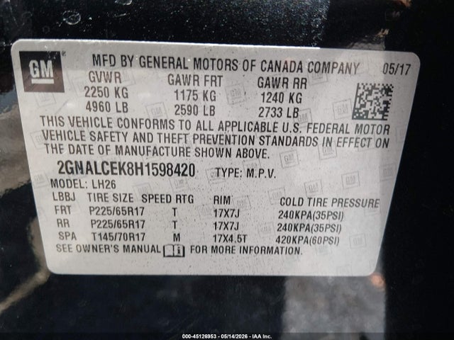 Продаж на аукціоні авто 2017 Chevrolet Equinox Lt, vin: 2GNALCEK8H1598420, номер лоту: 45126953