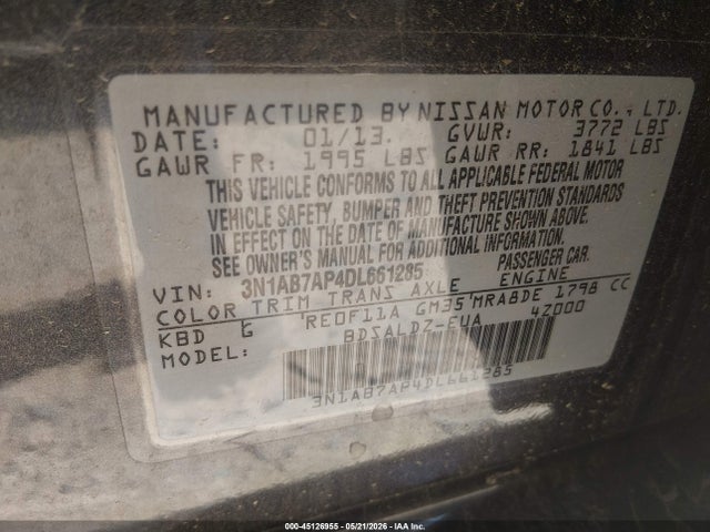 Aukcja sprzedaży 2013 Nissan Sentra Sv, vin: 3N1AB7AP4DL661285, numer aukcji: 45126955