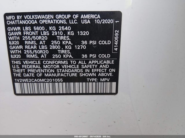 Aukcja sprzedaży 2021 Volkswagen Atlas Cross Sport 3.6l V6 Se W/technology, vin: 1V2WE2CA0MC201055, numer aukcji: 45126957