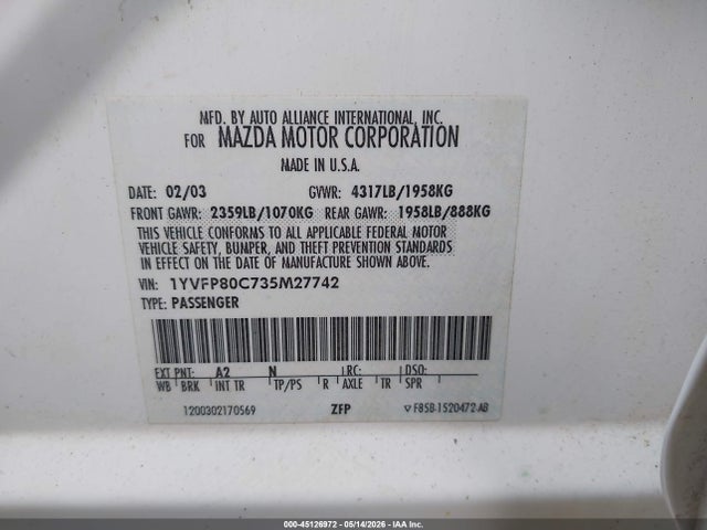 45126972 :رقم المزاد ، 1YVFP80C735M27742 vin ، 2003 Mazda Mazda6 I مزاد بيع
