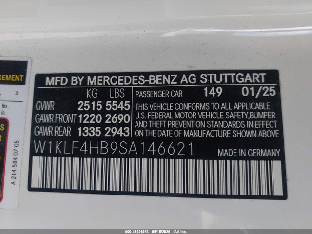 Auction sale of the 2025 Mercedes-benz E 350, vin: W1KLF4HB9SA146621, lot number: 45126983