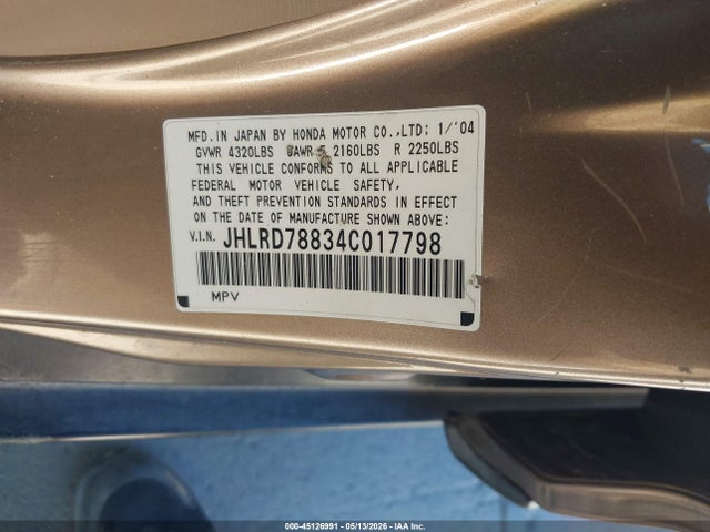 45126991 :رقم المزاد ، JHLRD78834C017798 vin ، 2004 Honda Cr-v Ex مزاد بيع