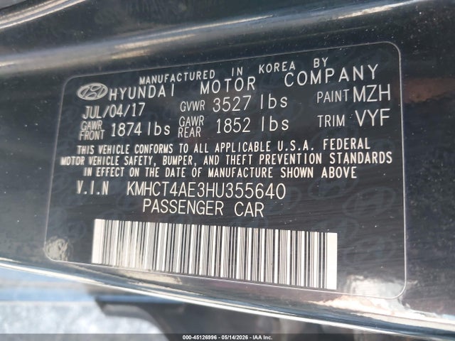 Aukcja sprzedaży 2017 Hyundai Accent Se, vin: KMHCT4AE3HU355640, numer aukcji: 45126996