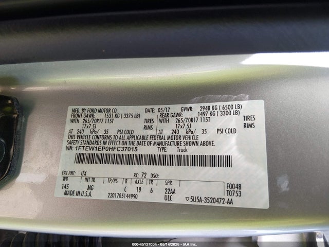 Продажа на аукционе авто 2017 Ford F-150 Xlt, vin: 1FTEW1EP0HFC37015, номер лота: 45127004