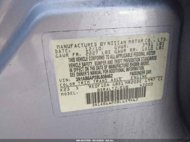 45127006 :رقم المزاد ، 3N1AB6AP2BL659462 vin ، 2011 Nissan Sentra 2.0sr مزاد بيع