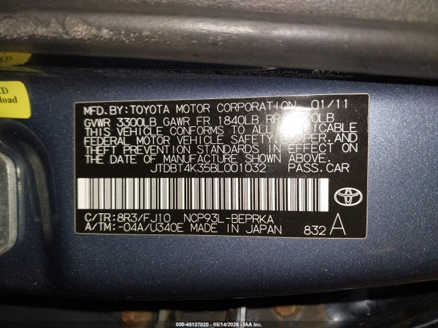 45127020 :رقم المزاد ، JTDBT4K35BL001032 vin ، 2011 Toyota Yaris مزاد بيع