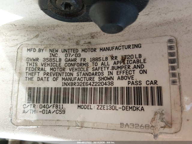 45127023 :رقم المزاد ، 1NXBR32E64Z220438 vin ، 2004 Toyota Corolla Ce/le/s مزاد بيع