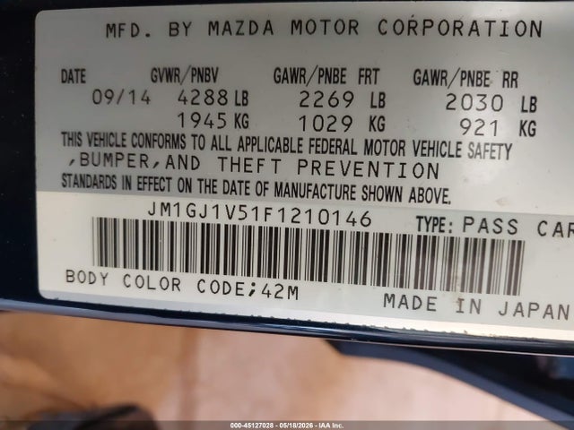 Продажа на аукционе авто 2015 Mazda Mazda6 I Touring, vin: JM1GJ1V51F1210146, номер лота: 45127028