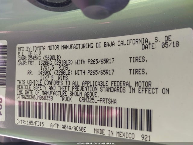 45127034 :رقم المزاد ، 3TMAZ5CN0JM068358 vin ، 2018 Toyota Tacoma Trd Sport مزاد بيع
