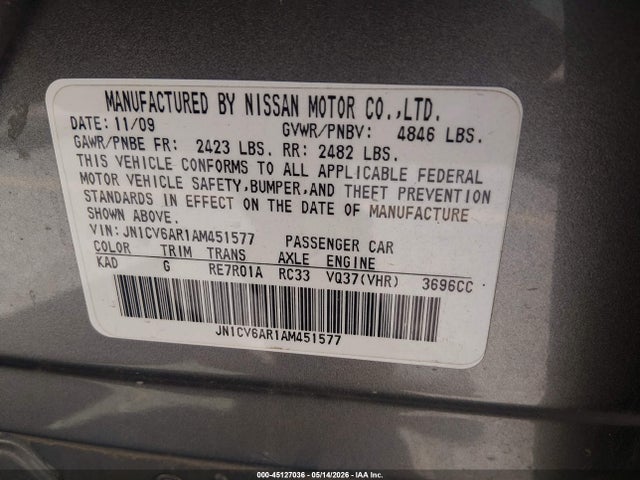 2010 Infiniti G37x მანქანა იყიდება აუქციონზე, vin: JN1CV6AR1AM451577, აუქციონის ნომერი: 45127036