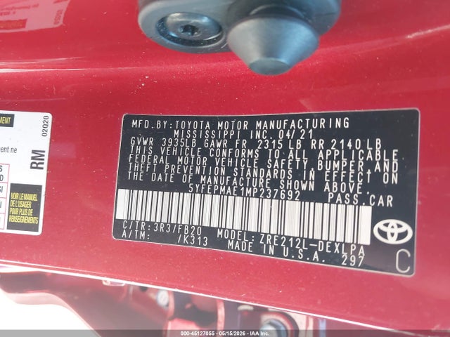 2021 Toyota Corolla Le მანქანა იყიდება აუქციონზე, vin: 5YFEPMAE1MP237692, აუქციონის ნომერი: 45127055