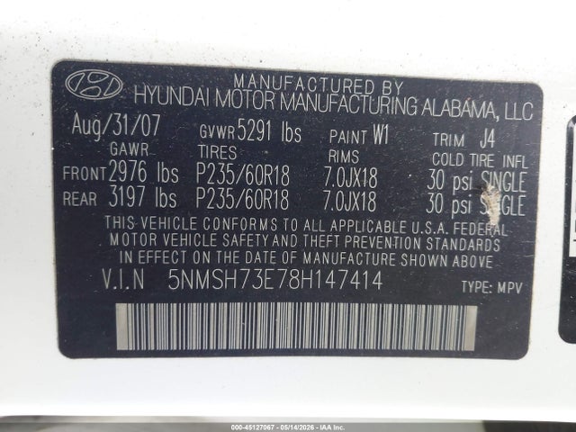 45127067 :رقم المزاد ، 5NMSH73E78H147414 vin ، 2008 Hyundai Santa Fe Limited/se مزاد بيع
