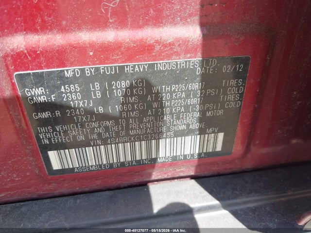 45127077 :رقم المزاد ، 4S4BRCKC1C3266455 vin ، 2012 Subaru Outback 2.5i Limited مزاد بيع