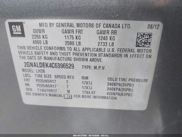 Продажа на аукционе авто 2012 Chevrolet Equinox 1lt, vin: 2GNALDEK4C6396529, номер лота: 45127085