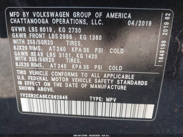 Aukcja sprzedaży 2019 Volkswagen Atlas 3.6l V6 Se W/technology R-line, vin: 1V2XR2CA6KC562845, numer aukcji: 45127088