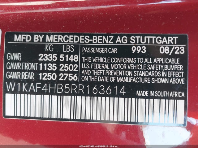 Aukcja sprzedaży 2024 Mercedes-benz C 300, vin: W1KAF4HB5RR163614, numer aukcji: 45127089
