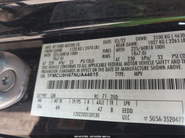 Aukcja sprzedaży 2022 Ford Escape Sel, vin: 1FMCU9H97NUA44615, numer aukcji: 45127092