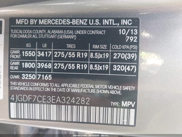 45127094 :رقم المزاد ، 4JGDF7CE3EA324282 vin ، 2014 Mercedes-benz Gl 450 4matic مزاد بيع