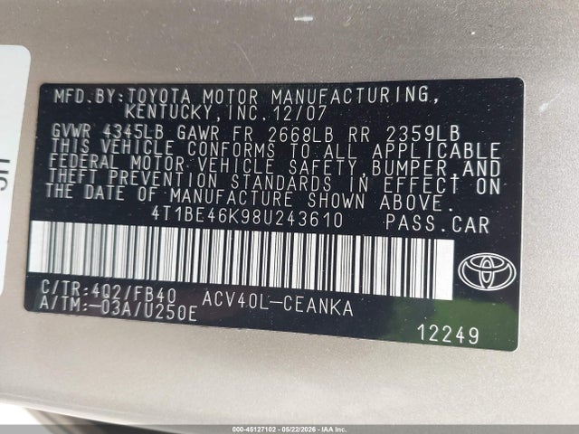 2008 Toyota Camry Le მანქანა იყიდება აუქციონზე, vin: 4T1BE46K98U243610, აუქციონის ნომერი: 45127102