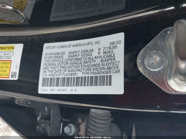 2020 Honda Accord Lx მანქანა იყიდება აუქციონზე, vin: 1HGCV1F17LA148361, აუქციონის ნომერი: 45127114